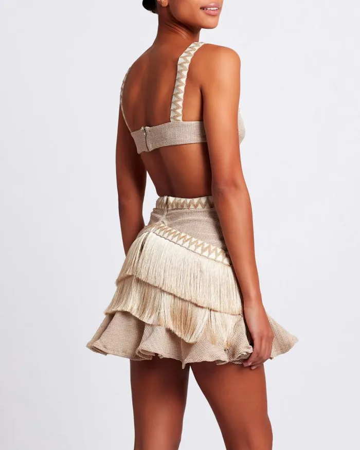 Women Dresses and Jumpsuits PatBO Metallic Knit Mini Dress With Fringe Trim Clay Women Dresses and Jumpsuits PatBO Metallic Knit Mini Dress With Fringe Trim Clay