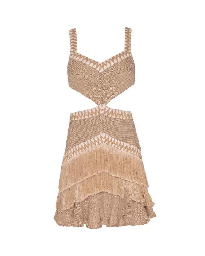 Women Dresses and Jumpsuits PatBO Metallic Knit Mini Dress With Fringe Trim Clay Women Dresses and Jumpsuits PatBO Metallic Knit Mini Dress With Fringe Trim Clay