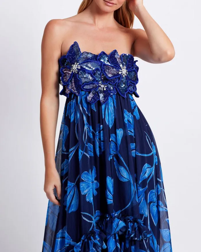 Women Dresses and Jumpsuits PatBO Nightflower Beaded Strapless Gown FINAL SALE Indigo