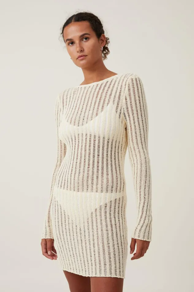 Women Dresses Cotton On Ladder Knit Mini Dress Ecru