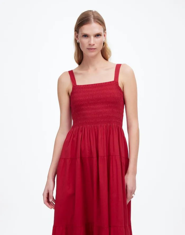 Women Dresses Madewell Smocked Tiered Maxi Dress Solid Crimson Berry