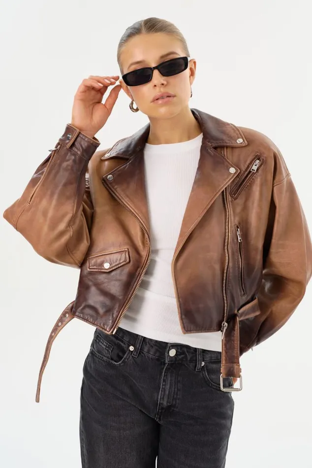 Women DYLAN 80039s Leather Biker Jacket Almond Shadow LAMARQUE Leather Jackets