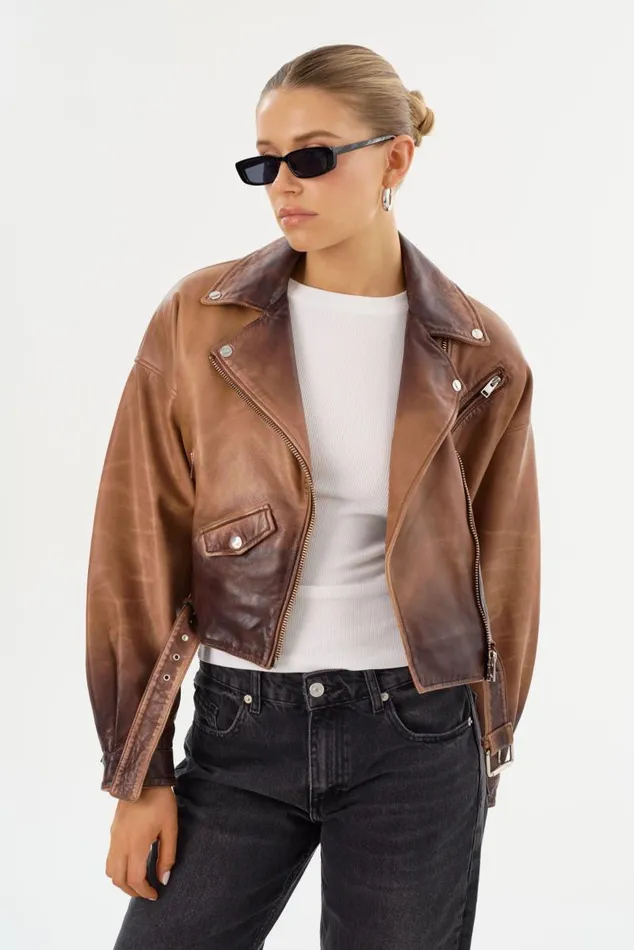 Women DYLAN 80039s Leather Biker Jacket Almond Shadow LAMARQUE Leather Jackets