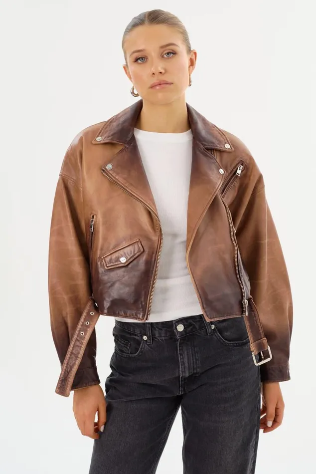 Women DYLAN 80039s Leather Biker Jacket Almond Shadow LAMARQUE Leather Jackets