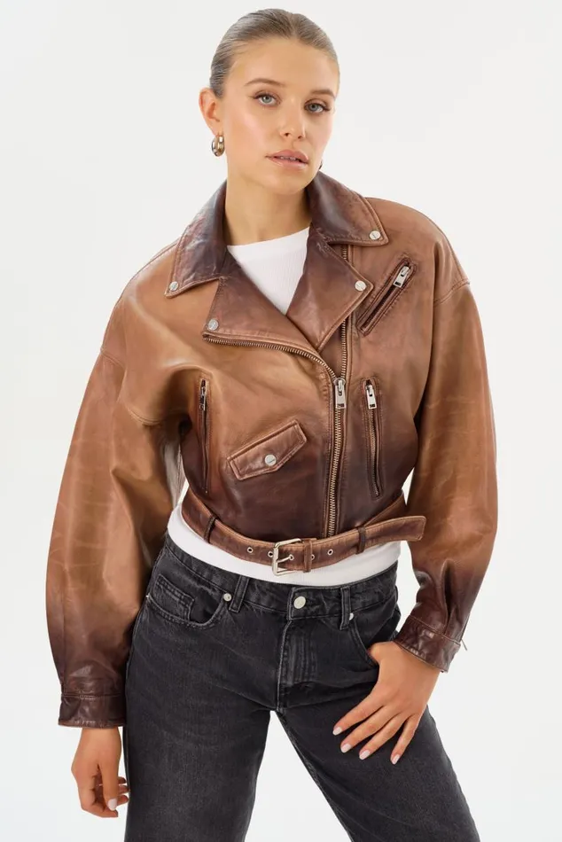 Women DYLAN 80039s Leather Biker Jacket Almond Shadow LAMARQUE Leather Jackets