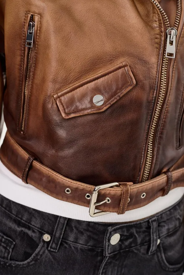 Women DYLAN 80039s Leather Biker Jacket Almond Shadow LAMARQUE Leather Jackets