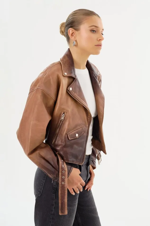 Women DYLAN 80039s Leather Biker Jacket Almond Shadow LAMARQUE Leather Jackets