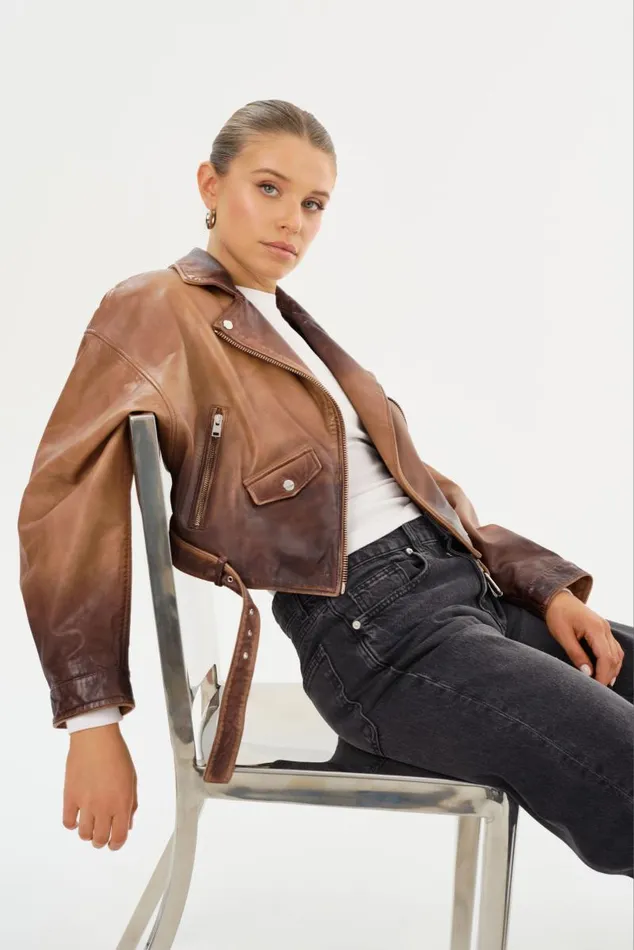 Women DYLAN 80039s Leather Biker Jacket Almond Shadow LAMARQUE Leather Jackets