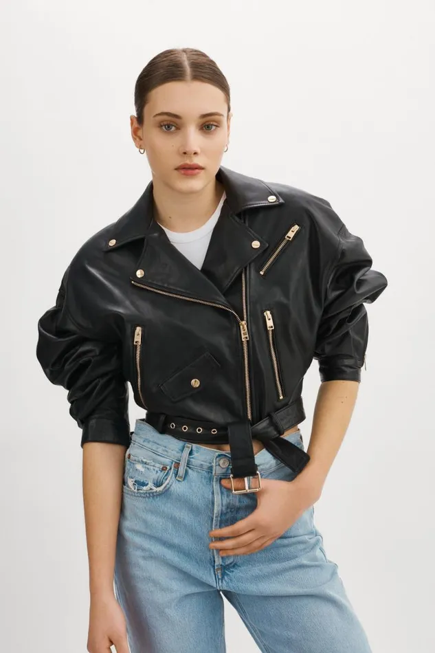 Women DYLAN GOLD 80039s Leather Biker Jacket Black LAMARQUE Leather Jackets