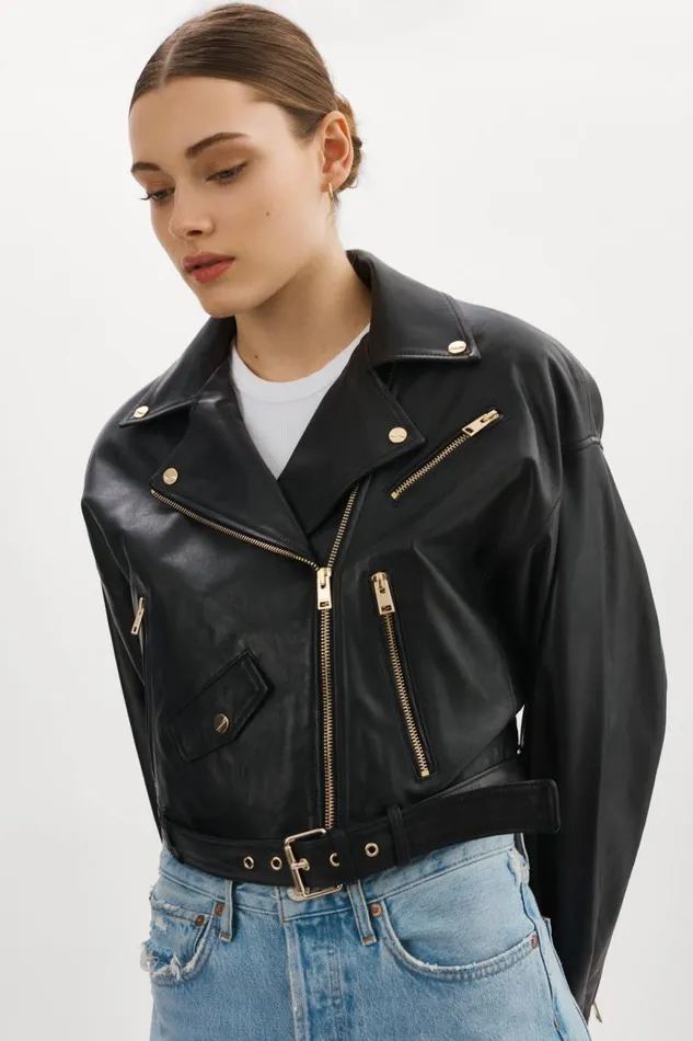 Women DYLAN GOLD 80039s Leather Biker Jacket Black LAMARQUE Leather Jackets