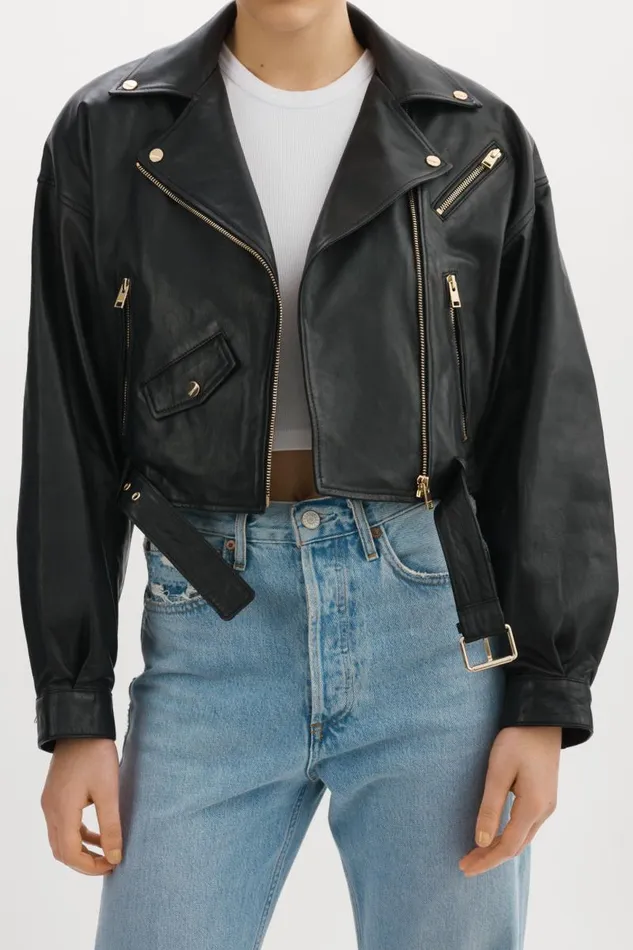 Women DYLAN GOLD 80039s Leather Biker Jacket Black LAMARQUE Leather Jackets