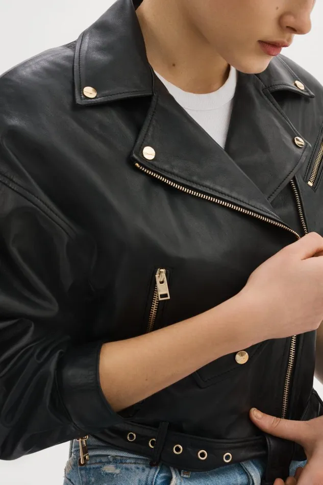 Women DYLAN GOLD 80039s Leather Biker Jacket Black LAMARQUE Leather Jackets