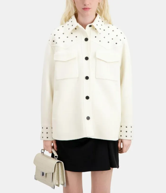 Women Ecru Woolblend Overshirtstyle Jacket With Studs THE KOOPLES Coats and Jackets Women Ecru Woolblend Overshirtstyle Jacket With Studs THE KOOPLES Coats and Jackets