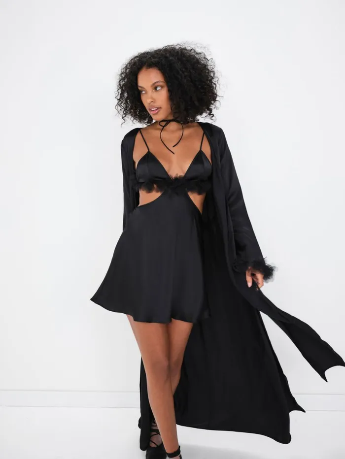 Women Floral Trim Robe Black For Love and Lemons Lingerie