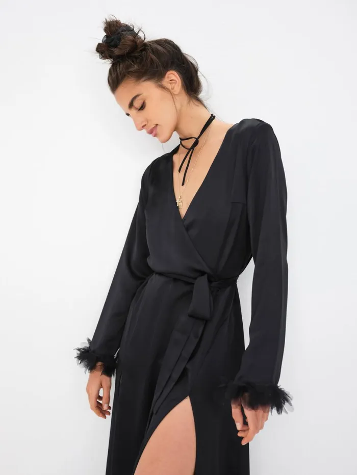 Women Floral Trim Robe Black For Love and Lemons Lingerie