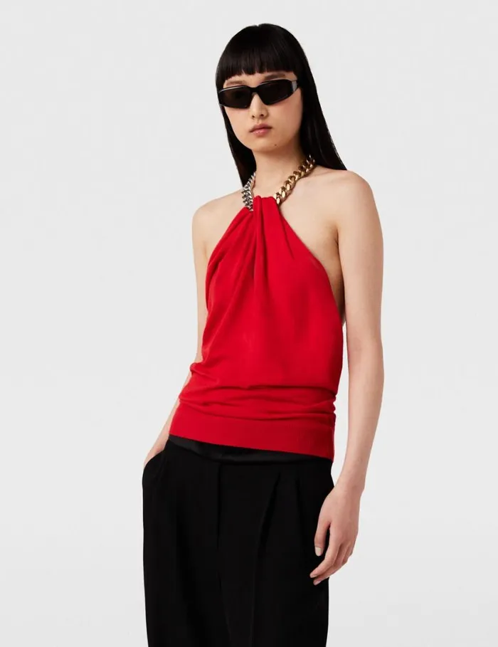 Women Frayme ChainEmbellished Halterneck Top Lipstick Red Stella McCartney Shirts And Tops