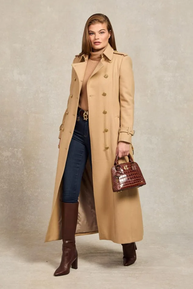 Women Full Length Marlborough Trench Coat Camel Holland Cooper Tailoring