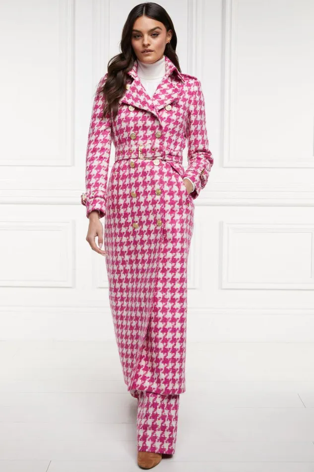 Women Full Length Marlborough Trench Coat Hot Pink Large Scale Houndstooth Holland Cooper Trench Coats