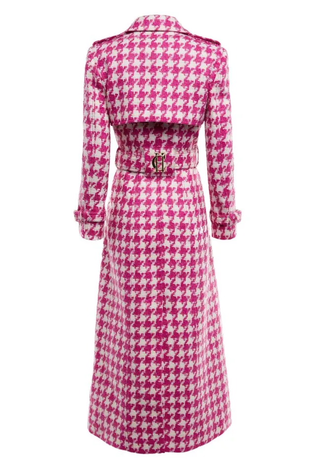 Women Full Length Marlborough Trench Coat Hot Pink Large Scale Houndstooth Holland Cooper Trench Coats
