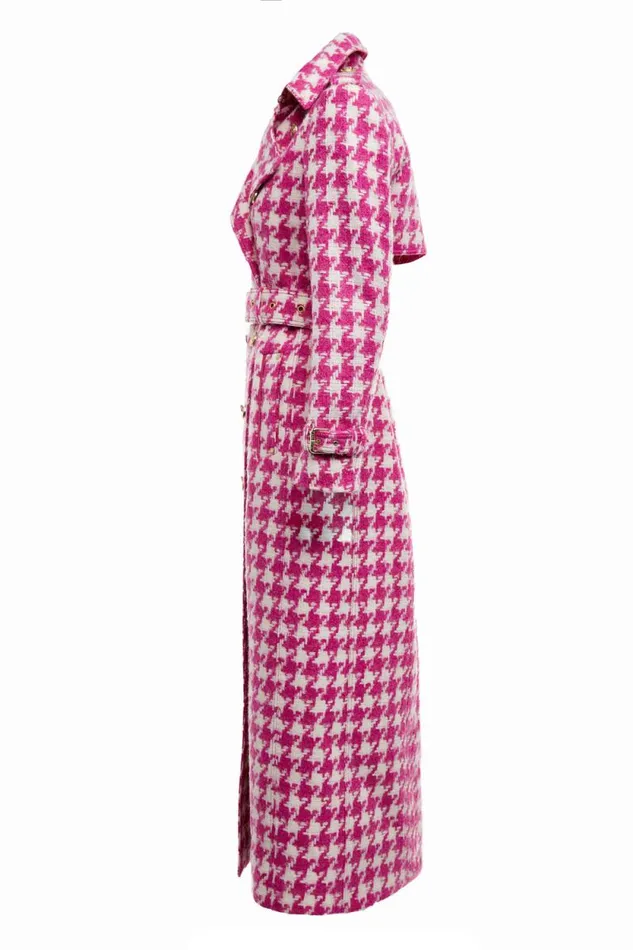 Women Full Length Marlborough Trench Coat Hot Pink Large Scale Houndstooth Holland Cooper Trench Coats