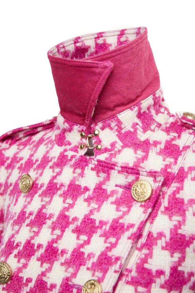 Women Full Length Marlborough Trench Coat Hot Pink Large Scale Houndstooth Holland Cooper Trench Coats