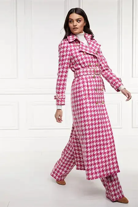 Women Full Length Marlborough Trench Coat Hot Pink Large Scale Houndstooth Holland Cooper Trench Coats