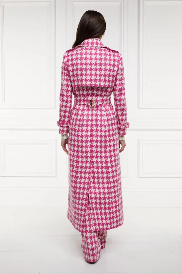 Women Full Length Marlborough Trench Coat Hot Pink Large Scale Houndstooth Holland Cooper Trench Coats