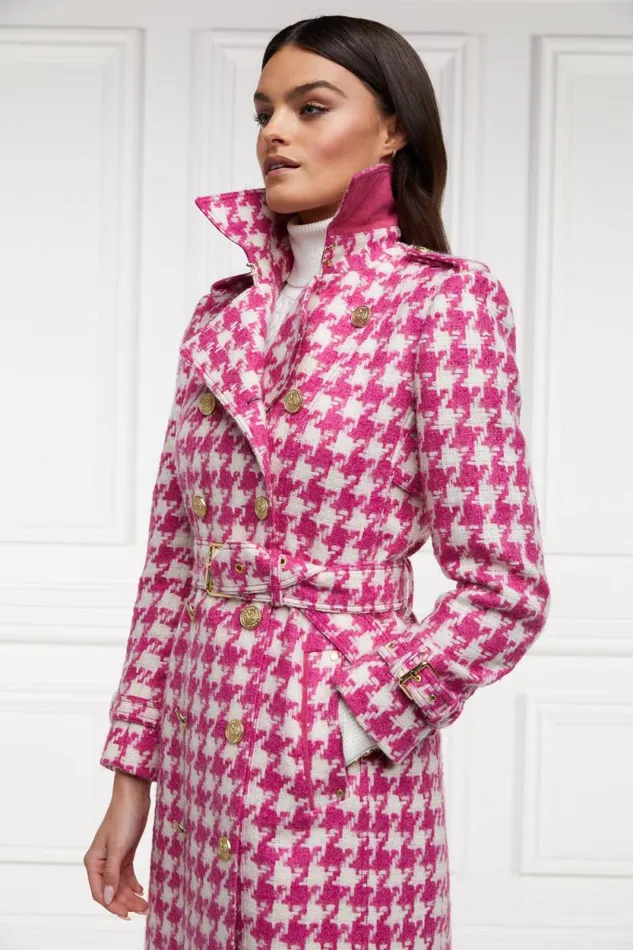 Women Full Length Marlborough Trench Coat Hot Pink Large Scale Houndstooth Holland Cooper Trench Coats