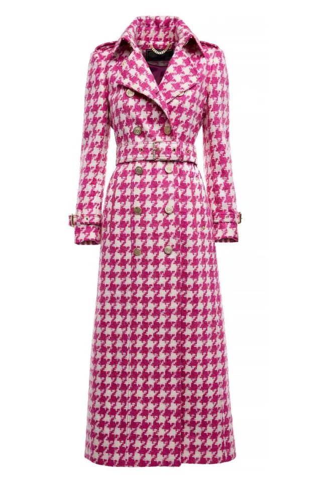 Women Full Length Marlborough Trench Coat Hot Pink Large Scale Houndstooth Holland Cooper Trench Coats