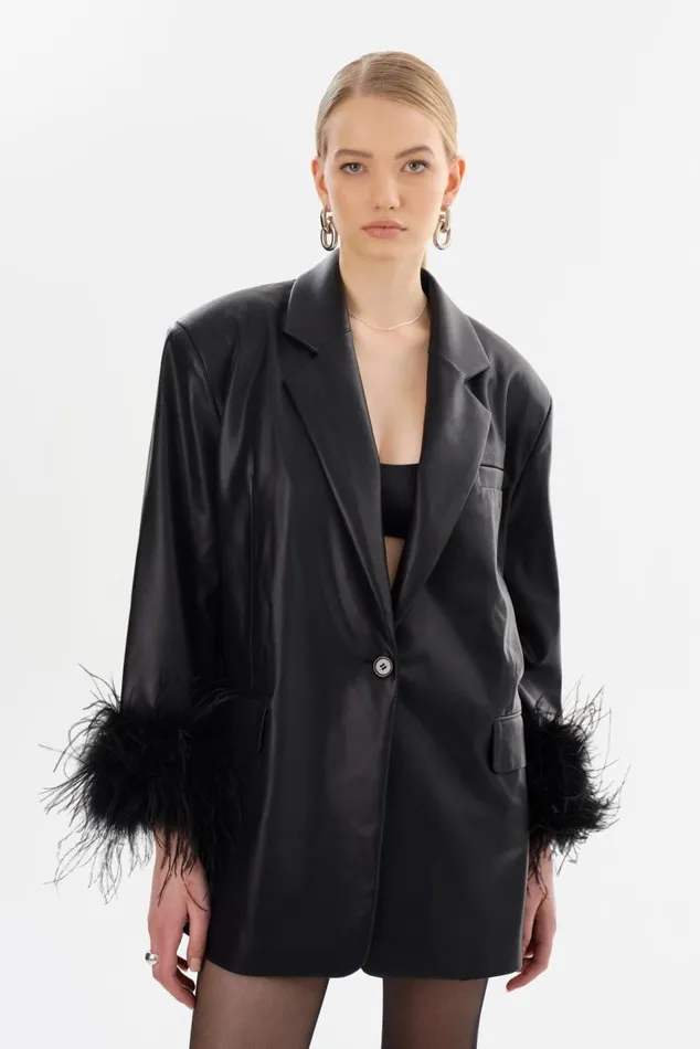 Women GALIA Feather Trim Blazer Black LAMARQUE Blazers Women GALIA Feather Trim Blazer Black LAMARQUE Blazers