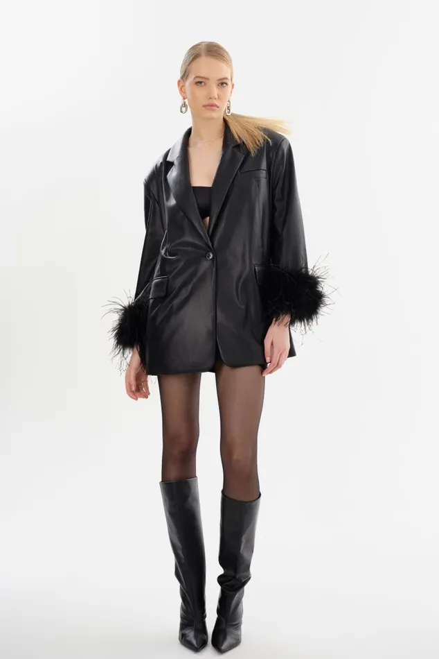 Women GALIA Feather Trim Blazer Black LAMARQUE Blazers Women GALIA Feather Trim Blazer Black LAMARQUE Blazers
