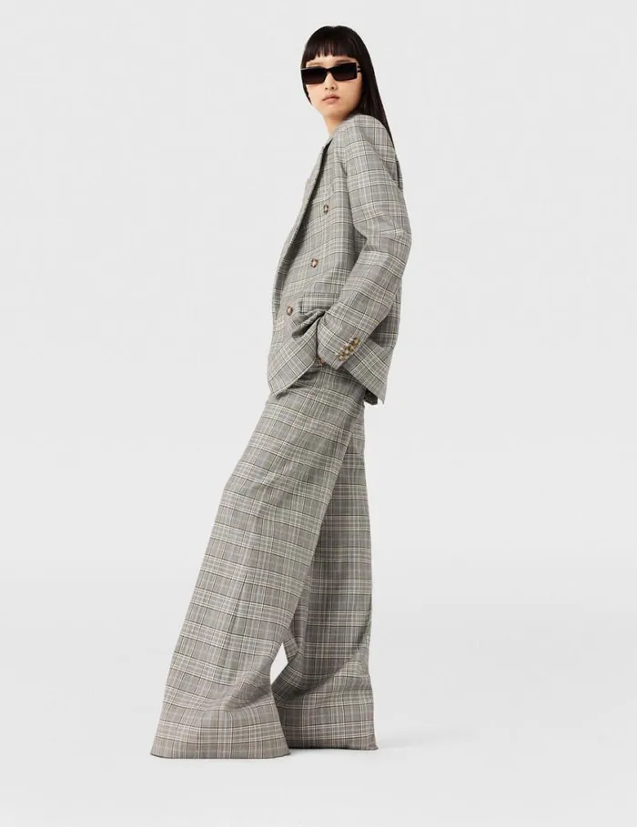 Women HighRise WideLeg Wool Pants Grey And Blue Check Stella McCartney Pants And Shorts