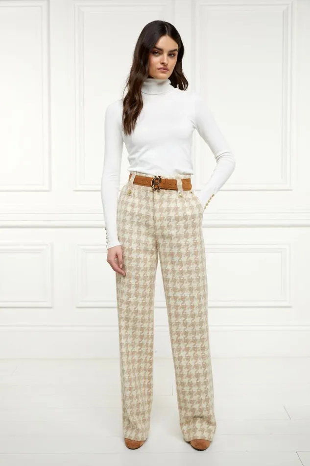 Women High Waisted Straight Trouser Camel Houndstooth Holland Cooper Tailoring
