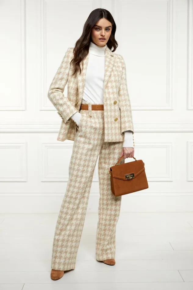 Women High Waisted Straight Trouser Camel Houndstooth Holland Cooper Tailoring Women High Waisted Straight Trouser Camel Houndstooth Holland Cooper Tailoring