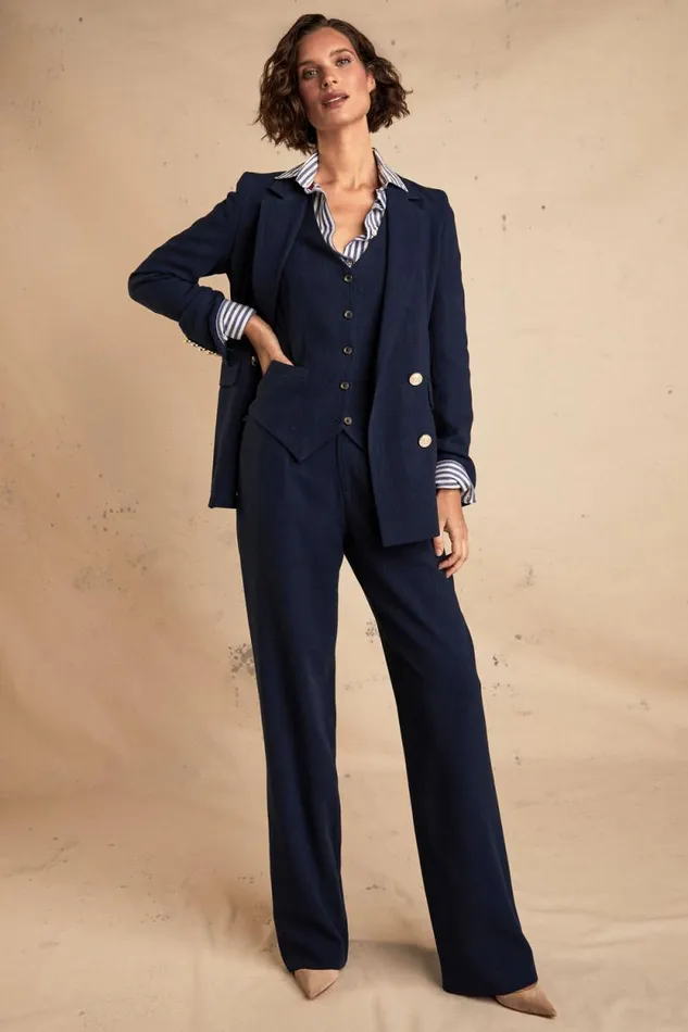 Women High Waisted Straight Trouser Navy Linen Holland Cooper Tailoring