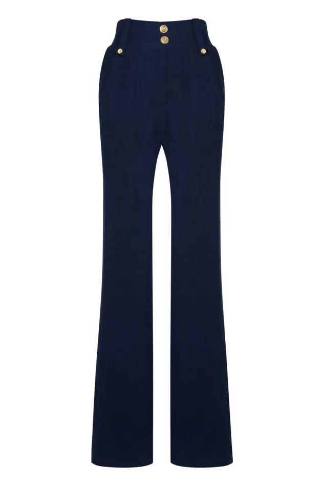 Women High Waisted Straight Trouser Navy Linen Holland Cooper Tailoring Women High Waisted Straight Trouser Navy Linen Holland Cooper Tailoring