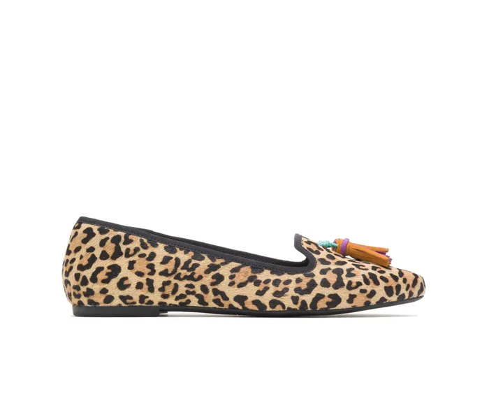 Women Hush Puppies Sadie Tassel SlipOn Leopard Calf Hair Flats and SlipOns