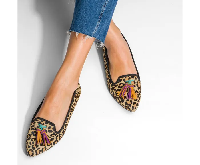 Women Hush Puppies Sadie Tassel SlipOn Leopard Calf Hair Flats and SlipOns Women Hush Puppies Sadie Tassel SlipOn Leopard Calf Hair Flats and SlipOns