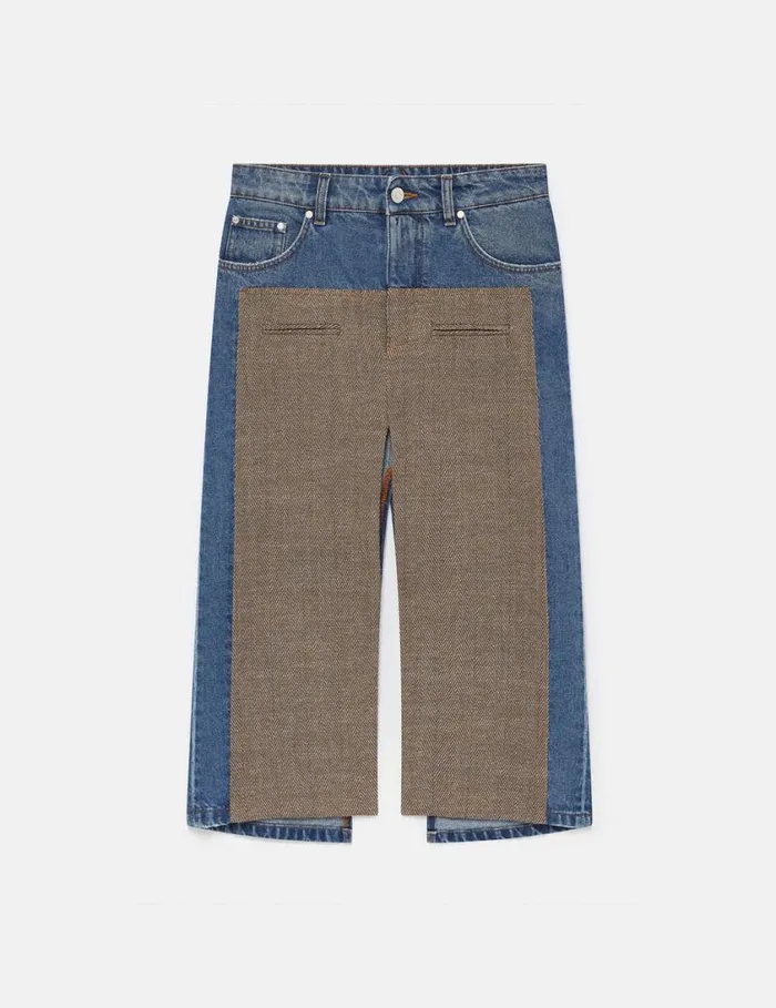 Women Hybrid Panel Denim Midi Skirt Beige Tweed And Blue Denim Stella McCartney Denim