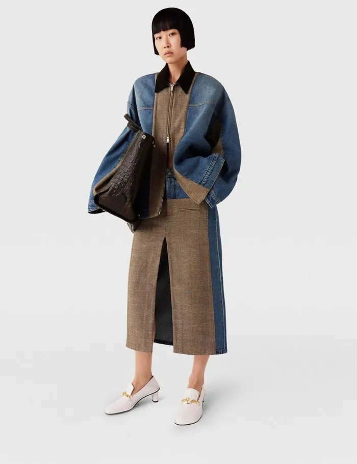 Women Hybrid Panel Denim Midi Skirt Beige Tweed And Blue Denim Stella McCartney Denim Women Hybrid Panel Denim Midi Skirt Beige Tweed And Blue Denim Stella McCartney Denim