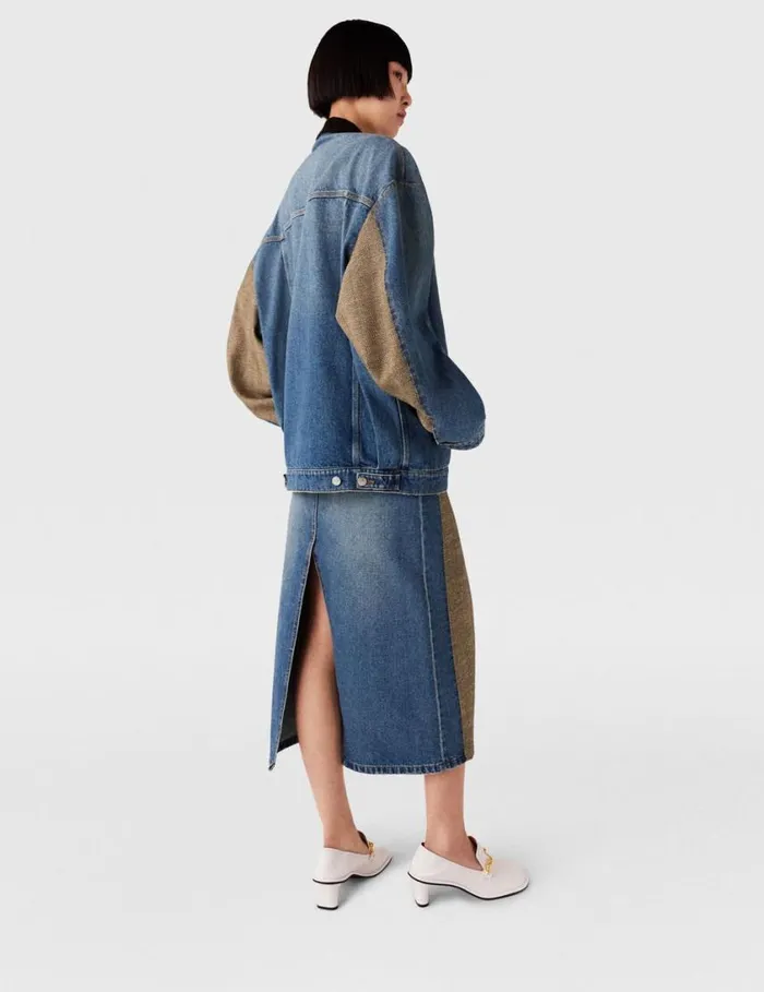 Women Hybrid Panel Denim Midi Skirt Beige Tweed And Blue Denim Stella McCartney Denim Women Hybrid Panel Denim Midi Skirt Beige Tweed And Blue Denim Stella McCartney Denim