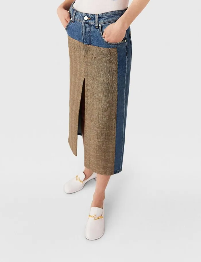 Women Hybrid Panel Denim Midi Skirt Beige Tweed And Blue Denim Stella McCartney Denim Women Hybrid Panel Denim Midi Skirt Beige Tweed And Blue Denim Stella McCartney Denim