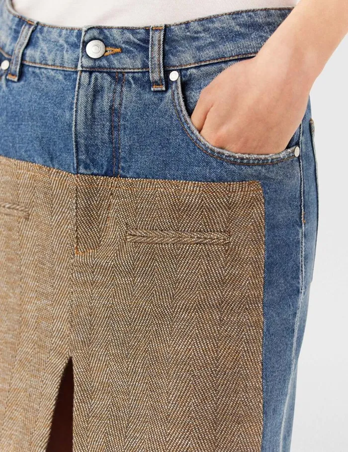 Women Hybrid Panel Denim Midi Skirt Beige Tweed And Blue Denim Stella McCartney Denim Women Hybrid Panel Denim Midi Skirt Beige Tweed And Blue Denim Stella McCartney Denim