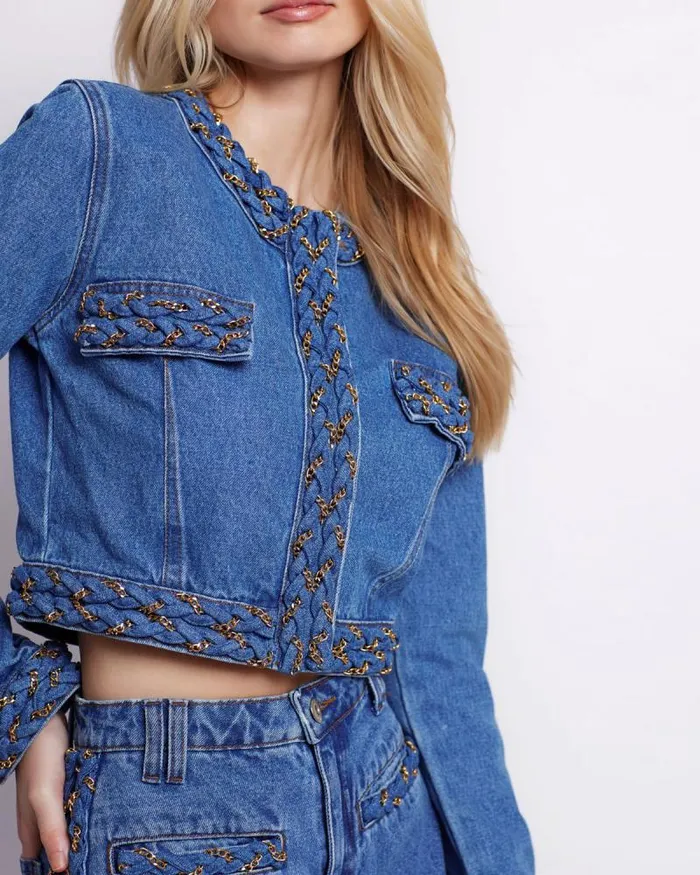 Women Jackets PatBO Braided Denim Cropped Jacket Denim