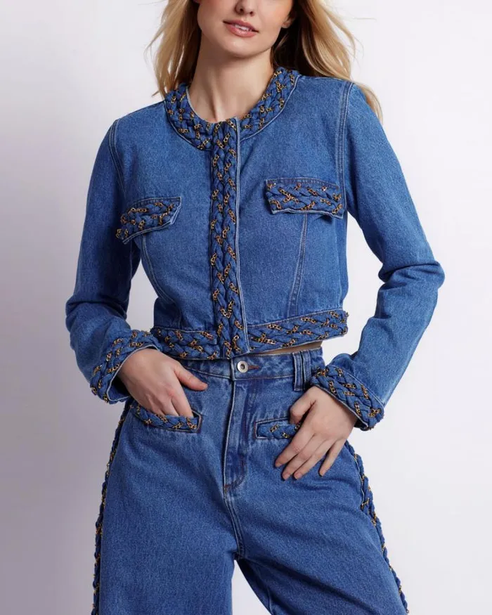 Women Jackets PatBO Braided Denim Cropped Jacket Denim