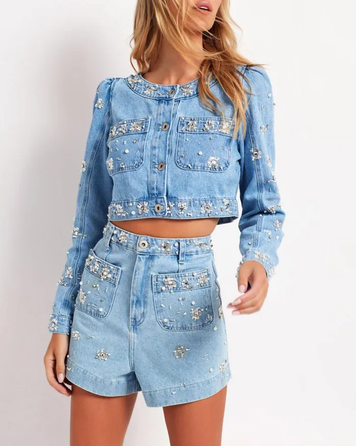 Women Jackets PatBO HandBeaded Cropped Denim Jacket FINAL SALE Denim