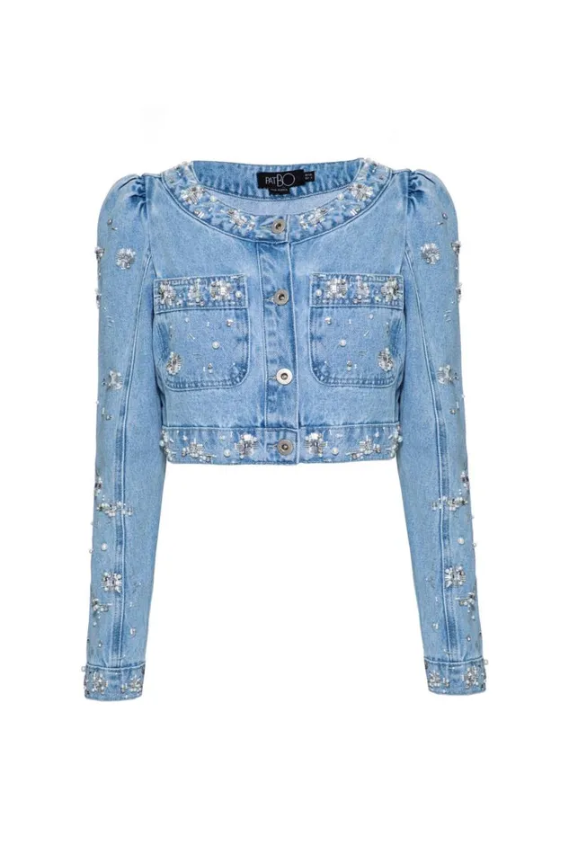 Women Jackets PatBO HandBeaded Cropped Denim Jacket FINAL SALE Denim
