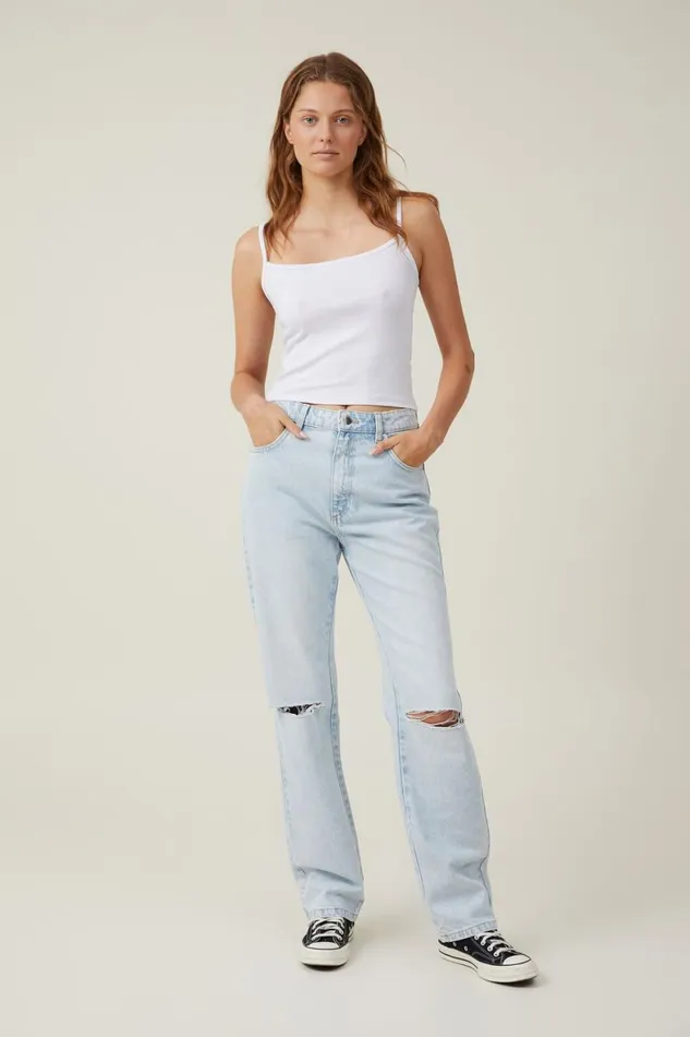 Women Jeans Cotton On Long Straight Jean Ice Blue Rip