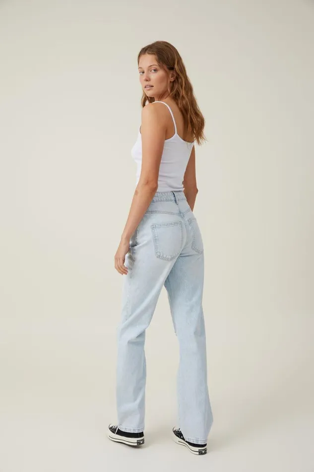 Women Jeans Cotton On Long Straight Jean Ice Blue Rip