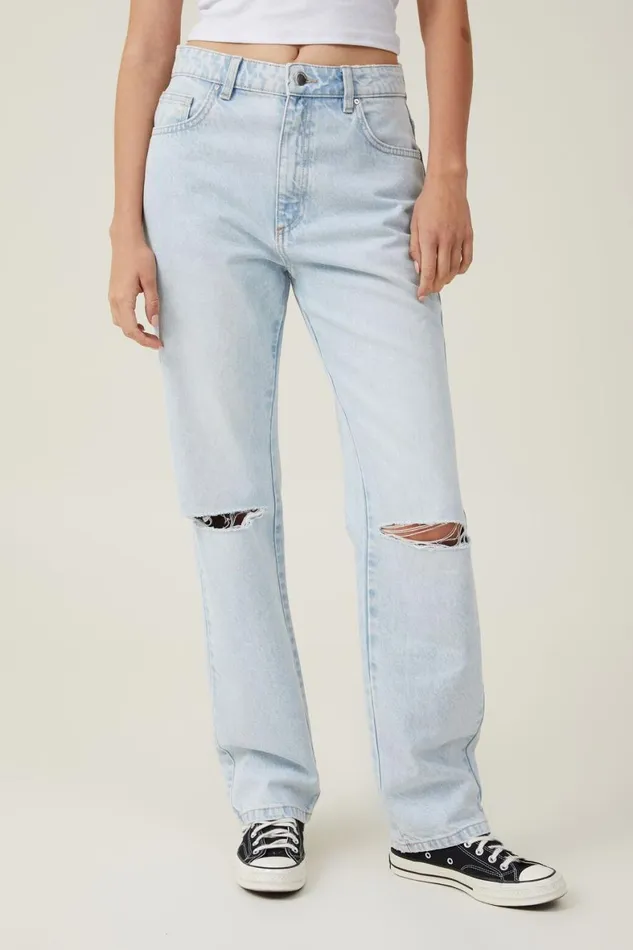 Women Jeans Cotton On Long Straight Jean Ice Blue Rip